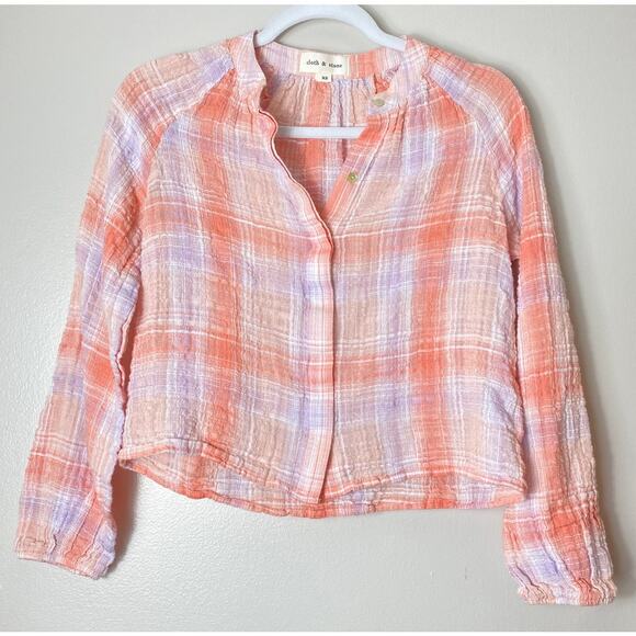 CLOTH & STONE TOP XS ORANGE PEACH PURPLE PLAID SHEER LONG SLEEVE COASTAL WESTERN - Picture 1 of 11